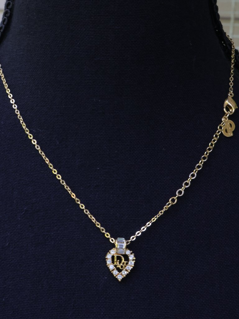 Christian Dior Rhinestone Heart Necklace Golden On 17.75" Chain